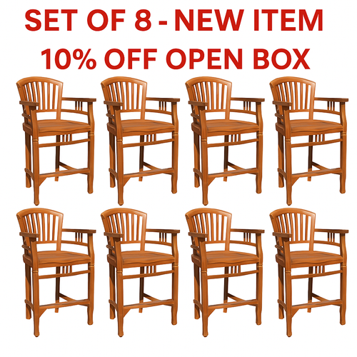 10% OFF OPEN BOX SPECIAL – Set of 8 Teak Wood Orleans Counter Stools with Arms (New & Unused)