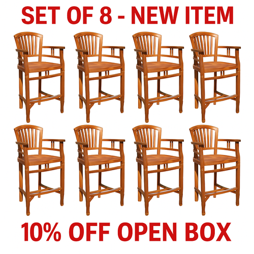 10% OFF OPEN BOX SPECIAL – Set of 8 Teak Wood Orleans Bar Stools With Arms (New & Unused)