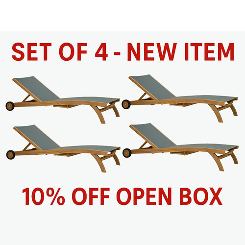 10% OFF OPEN BOX SPECIAL β Set of 4 Teak Bahama Pool Loungers With Batyline Mesh, Grey (New & Unused)