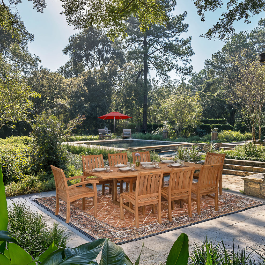 9 Piece Teak Wood Dining Set including Semi-Oval Extension Table with 2 ...