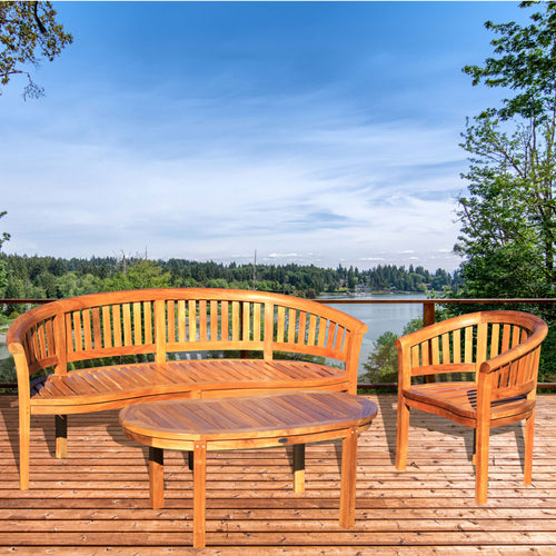 3 Piece Teak Wood Peanut Patio Lounge Set, Triple Bench, Chair & Coffee Table