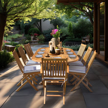 9 Piece Teak Wood Santa Barbara Patio Dining Set with Oval Extension Table, 2 Folding Arm Chairs and 6 Folding Side Chairs