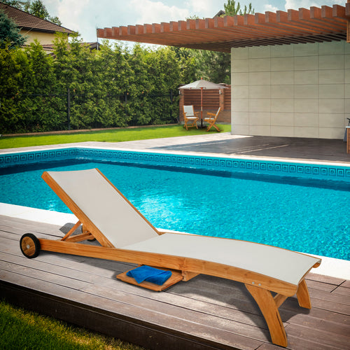 Teak Wood Bahama Pool Lounger With Batyline Mesh, White