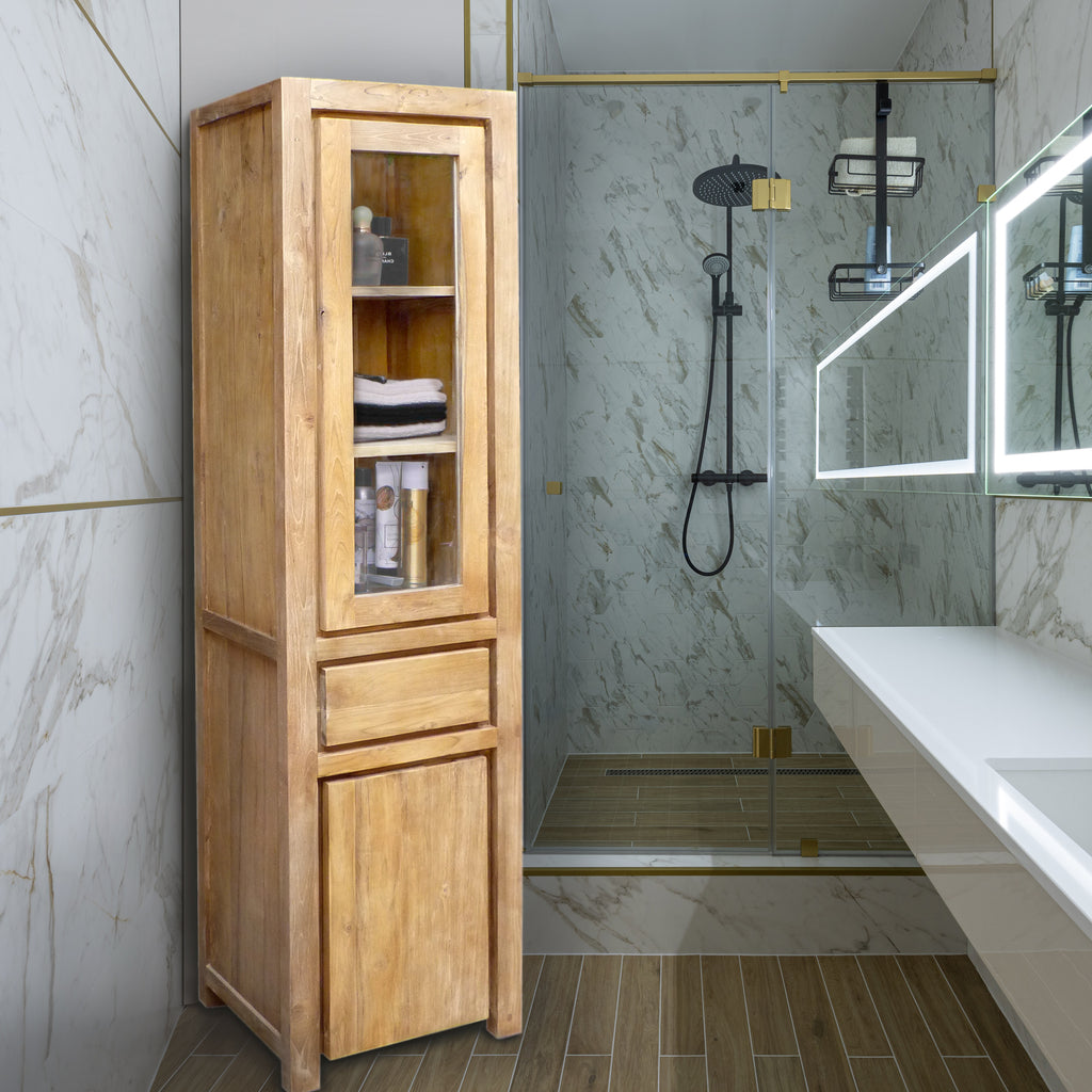 Recycled Teak Wood Lumbrera Vertical Bathroom Linen Cabinet with 1