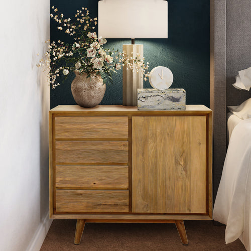 Recycled Teak Wood Retro Chest with 1 Door, 4 Drawers