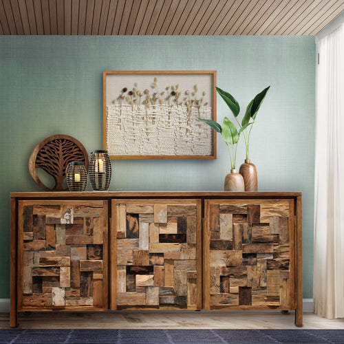 Recycled Teak Wood Mozaik Media Center / Chest with 3 Doors