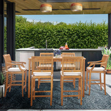 7 Piece Teak Wood Castle 63" Rectangular Medium Bistro Bar Set including 2 Barstools with Arms and 4 Barstools
