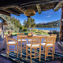 7 Piece Teak Wood Castle 63" Rectangular Medium Bistro Bar Set including 2 Barstools with Arms and 4 Barstools