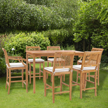 7 Piece Teak Wood Castle 63" Rectangular Medium Bistro Bar Set including 2 Barstools with Arms and 4 Barstools