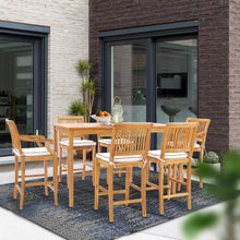 7 Piece Teak Wood Castle 71" Rectangular Large Bistro Bar Set including 2 Barstools with Arms and 4 Barstools