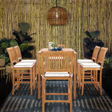 7 Piece Teak Wood Castle 71" Rectangular Large Bistro Bar Set including 2 Barstools with Arms and 4 Barstools
