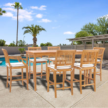 7 Piece Teak Wood Castle 71" Rectangular Large Bistro Bar Set including 2 Barstools with Arms and 4 Barstools