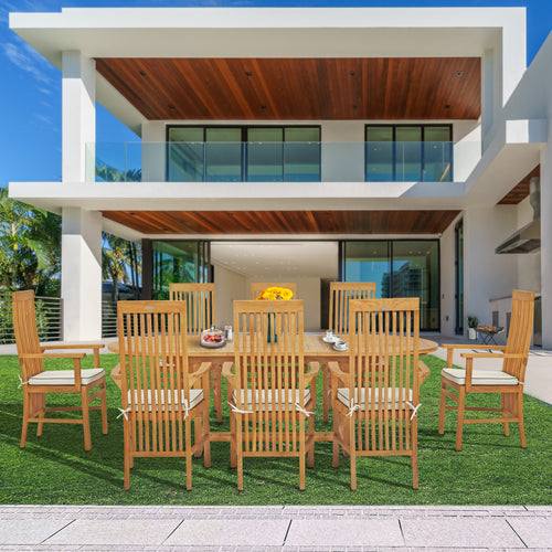 9 Piece Teak Wood West Palm Outdoor Patio Dining Set including Oval Extension Table & 8 Arm Chairs