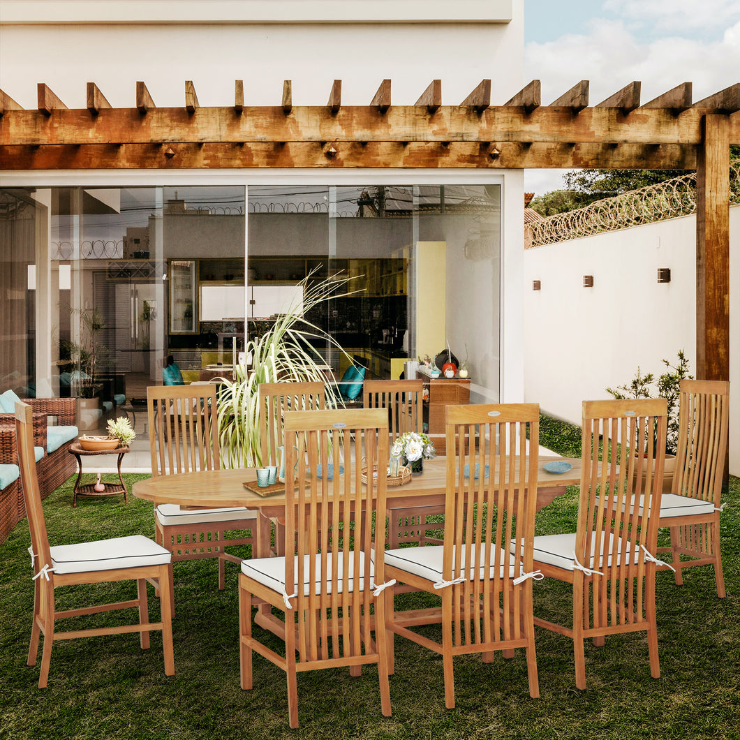 9 Piece Teak Wood West Palm Outdoor Patio Dining Set including Oval Extension Table & 8 Side Chairs