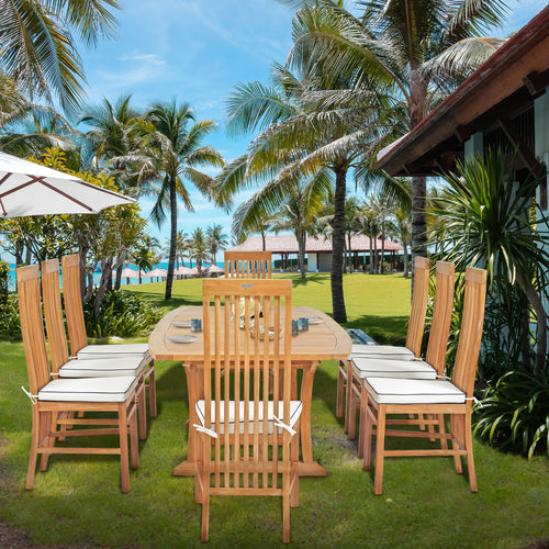 9 Piece Teak Wood West Palm Outdoor Patio Dining Set including Semi-Oval Extension Table & 8 Side Chairs
