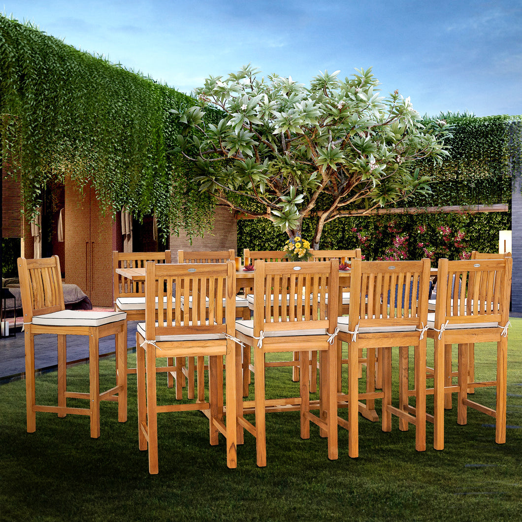 11 Piece Teak Wood Elzas Rectangular Extension Table Bar Dining Set with 10 Barstools