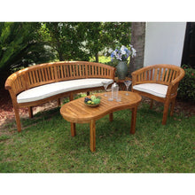Teak Wood Peanut 3 Piece Patio Lounge Set, Triple Bench, Chair & Coffee Table - Chic Teak