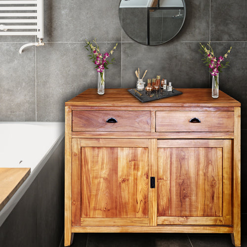 Waxed Teak Wood Bastia Bathroom Linen Cabinet with 2 drawers & 2 sliding doors