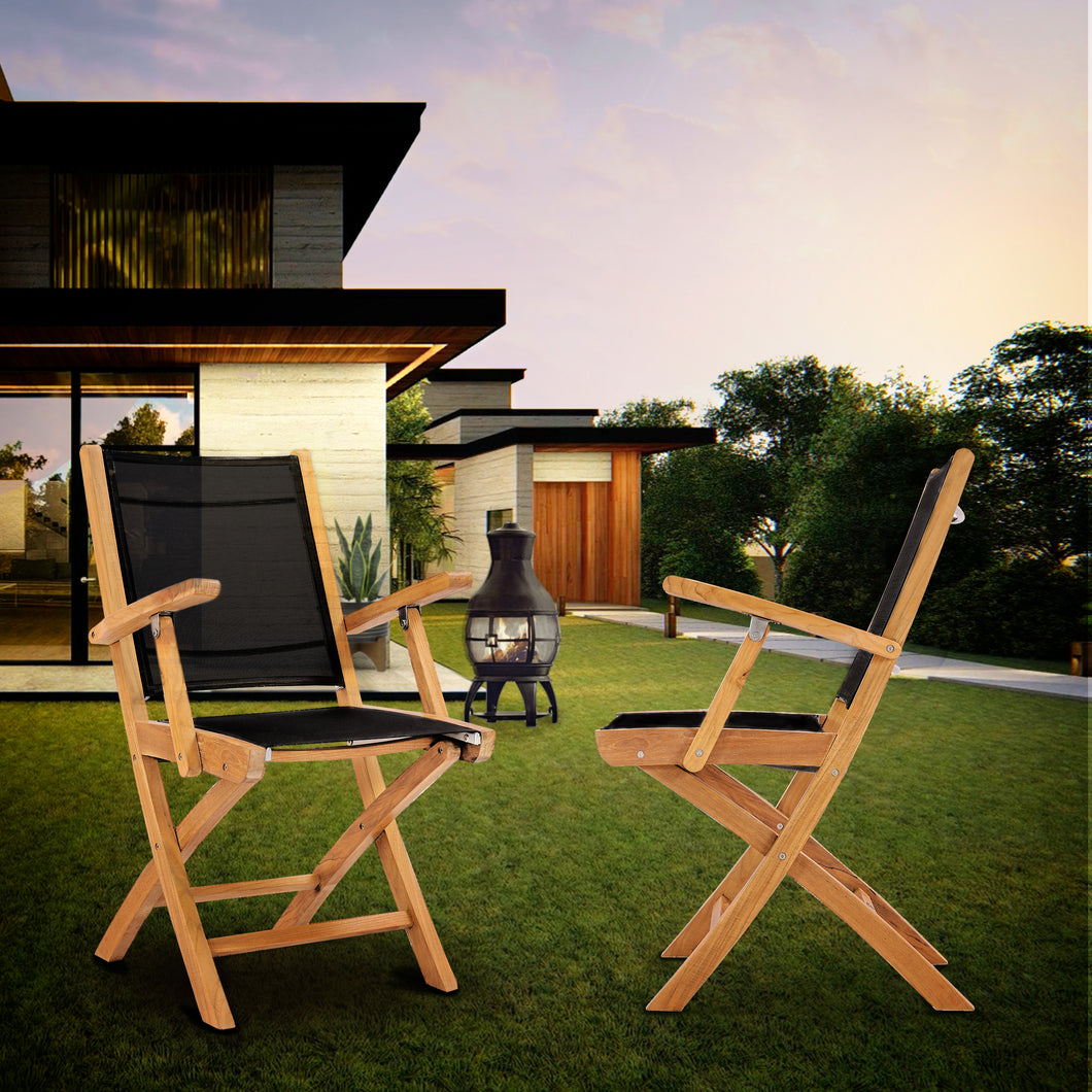 Teak Wood Miami Folding Arm Chair, Black (Set of 2)