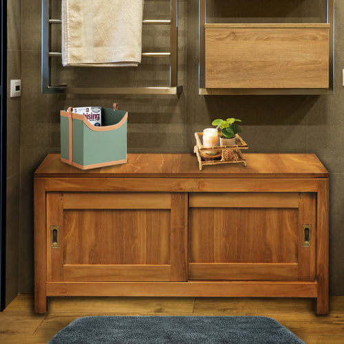 Waxed Teak Wood Sonoma Bathroom Linen Cabinet with 2 Sliding Doors