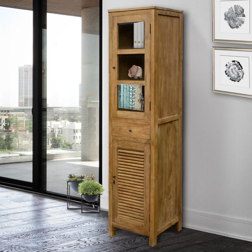 Recycled Teak Wood Louvre Cabinet with Drawer, Louvered Door and Glass Door