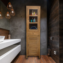 Recycled Teak Wood Lumbrera Vertical Bathroom Linen Cabinet with Glass Door