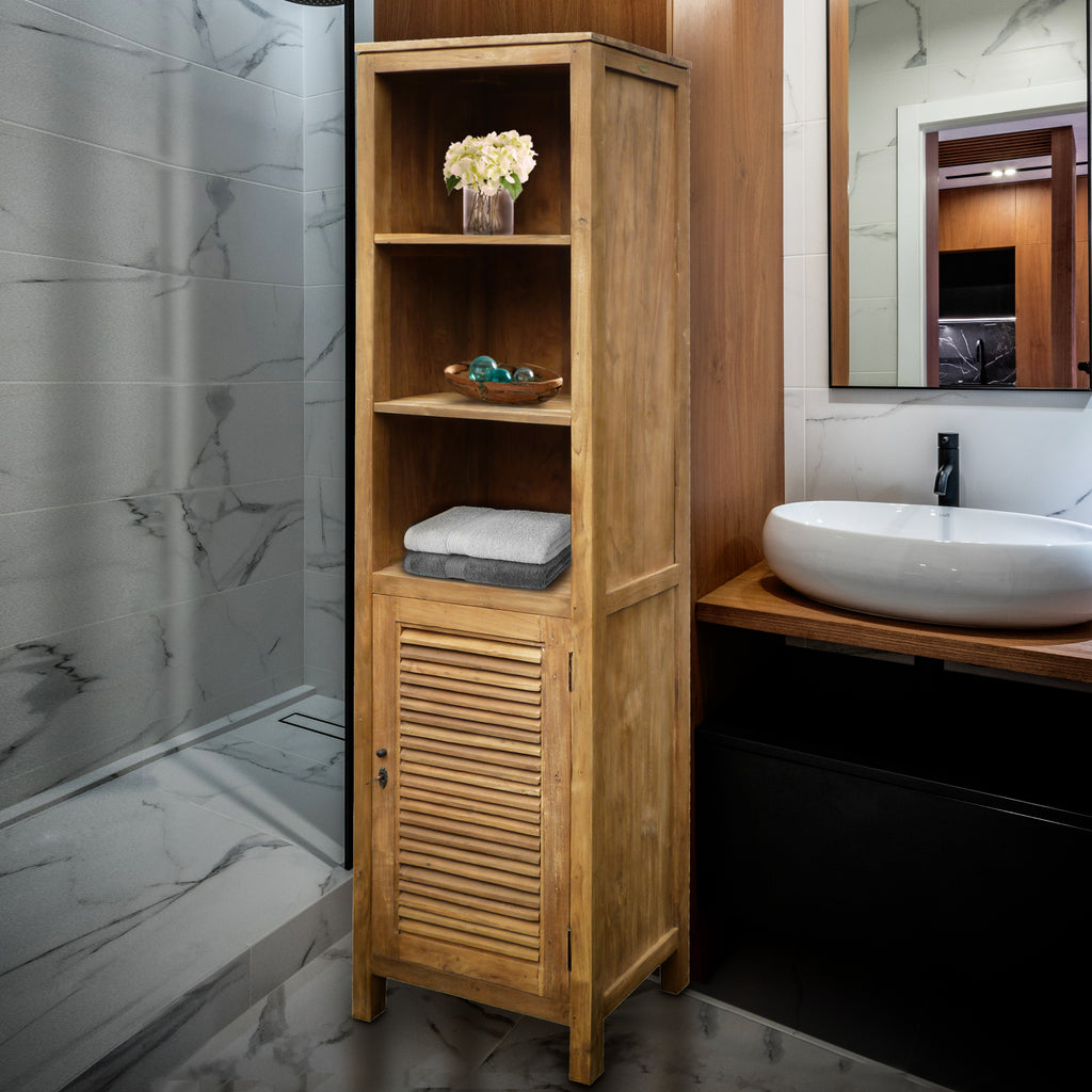 Recycled Teak Wood Lumbrera Vertical Bathroom Linen Cabinet with 1