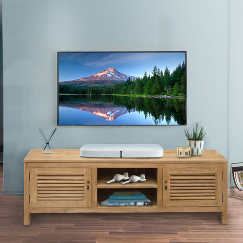 Recycled Teak Wood Louvre Media Center with 2 Doors and 2 Open Shelves