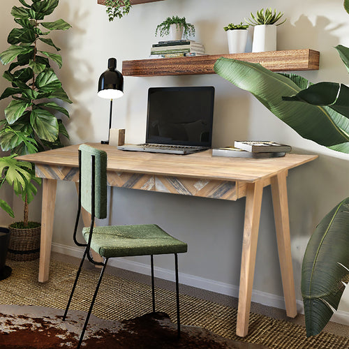 Recycled Teak Wood Brux Art Deco Writing Desk with 3 Drawers