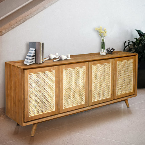 Recycled Teak Wood West Indies Rattan Chest with 4 Doors
