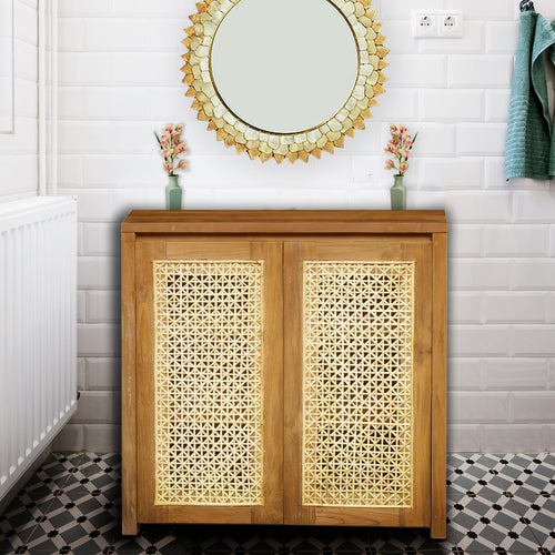 Recycled Teak Wood Antilles Small Bathroom Linen Cabinet with 2 Doors
