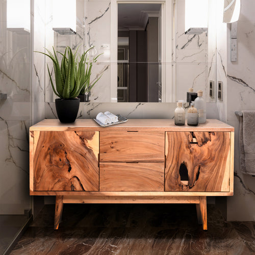 Misun Live Edge Suar Wood Bathroom Linen Cabinet with 2 doors, 2 drawers