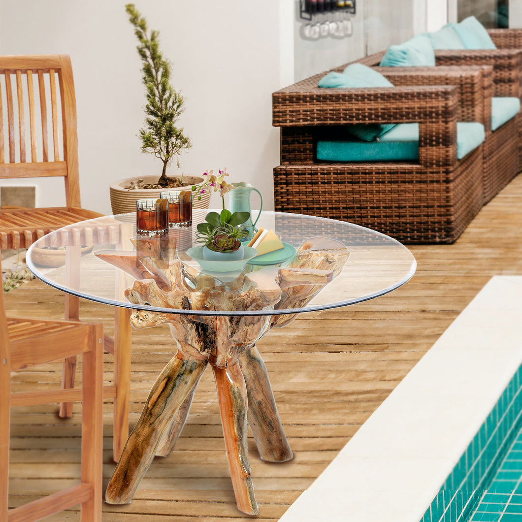 Teak Wood Root Bar Table Including 47 Inch Glass Top