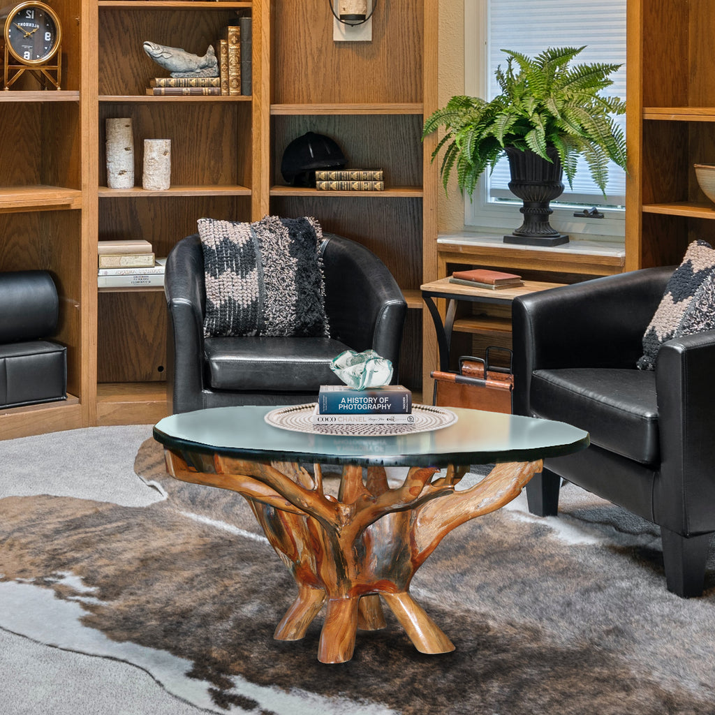 Teak Wood Root Coffee Table Including 43 Inch Round Glass Top