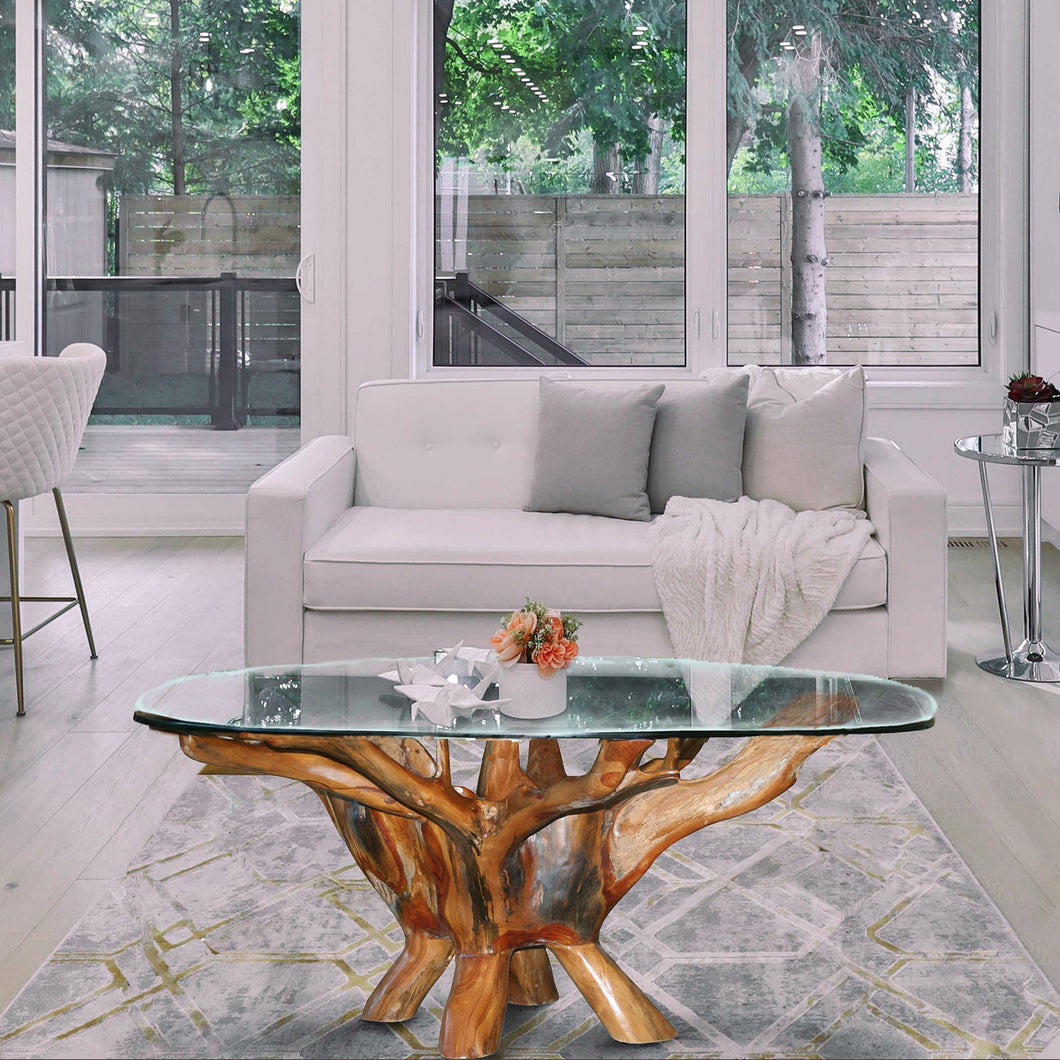 Teak Wood Root Coffee Table Including 43 Inch Round Glass Top
