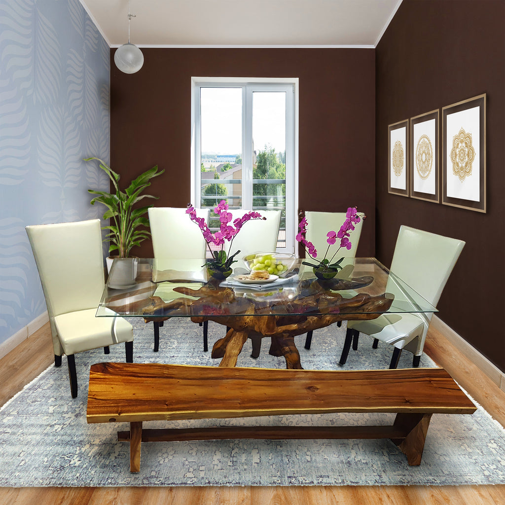 Teak Wood Root Dining Table Including 87 x 43 Inch Glass Top by