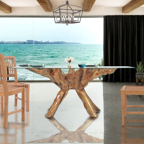 Teak Wood Root Dining Table Including a 71 x 40 Inch Glass Top