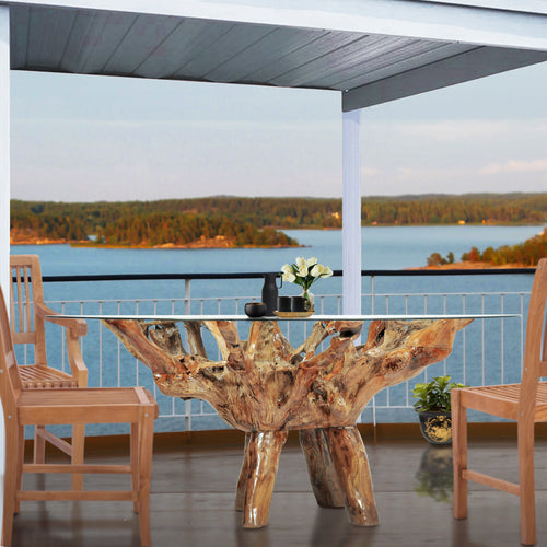 Teak Wood Root Dining Table Including a 63 Inch Round Glass Top