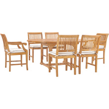 7 Piece Teak Wood Castle Patio Dining Set with Round to Oval Extension Table, 4 Side Chairs and 2 Arm Chairs