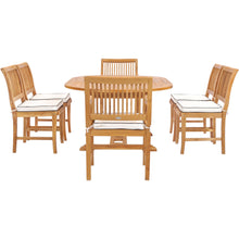 7 Piece Teak Wood Castle Patio Dining Set with Round to Oval Extension Table, 4 Side Chairs and 2 Arm Chairs
