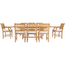 9 Piece Teak Wood Castle Patio Dining Set with Rectangular Extension Table, 6 Side Chairs and 2 Arm Chairs