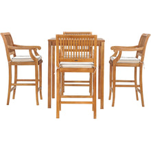 5 Piece Teak Wood Castle Patio Bistro Bar Set with 35" Bar Table & 4 Barstools with Arms