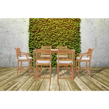 7 Piece Teak Wood Castle 63" Rectangular Medium Bistro Bar Set including 2 Barstools with Arms and 4 Barstools