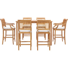 7 Piece Teak Wood Castle 63" Rectangular Medium Bistro Bar Set including 2 Barstools with Arms and 4 Barstools