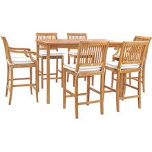 7 Piece Teak Wood Castle 63" Rectangular Medium Bistro Bar Set including 2 Barstools with Arms and 4 Barstools