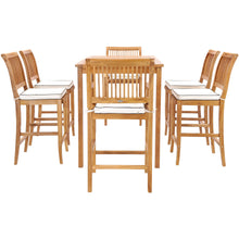 7 Piece Teak Wood Castle 63" Rectangular Medium Bistro Bar Set including 2 Barstools with Arms and 4 Barstools
