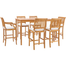 7 Piece Teak Wood Castle 71" Rectangular Large Bistro Bar Set including 2 Barstools with Arms and 4 Barstools