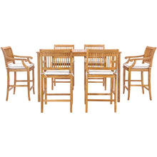 7 Piece Teak Wood Castle 71" Rectangular Large Bistro Bar Set including 6 Barstools with Arms