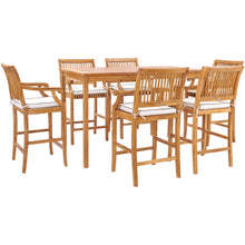 7 Piece Teak Wood Castle 71" Rectangular Large Bistro Bar Set including 6 Barstools with Arms