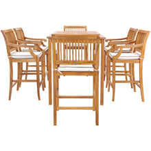 7 Piece Teak Wood Castle 71" Rectangular Large Bistro Bar Set including 6 Barstools with Arms